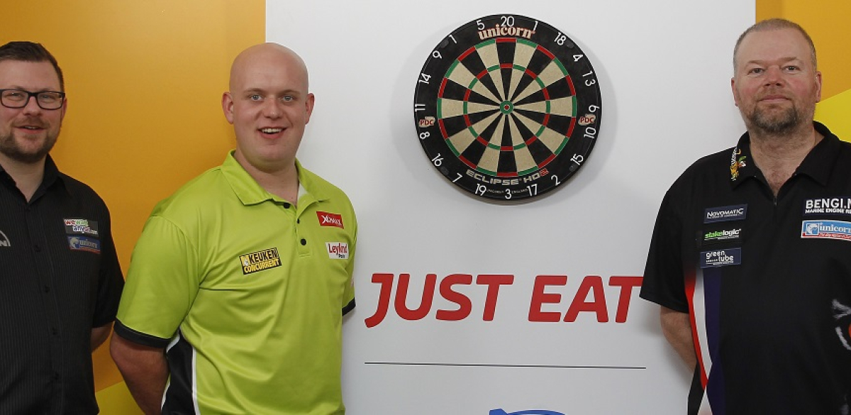 James Wade, Michael van Gerwen & Raymond van Barneveld launch Just Eat partnership (Lawrence Lustig)