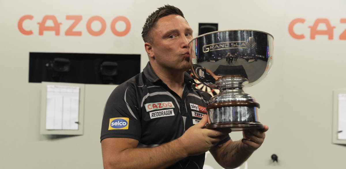 Gerwyn Price celebrates his 2021 Grand Slam success