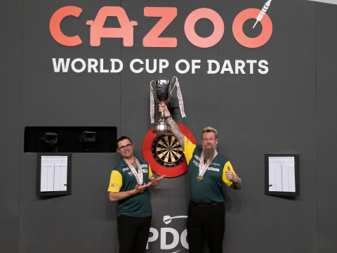 Damon Heta and Simon Whitlock celebrate their Cazoo World Cup success