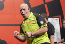 Michael van Gerwen celebrates at the Dutch Darts Championship