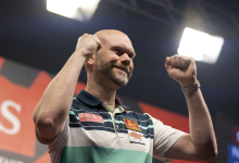 Daniel Larsson celebrates at the Dutch Darts Championship